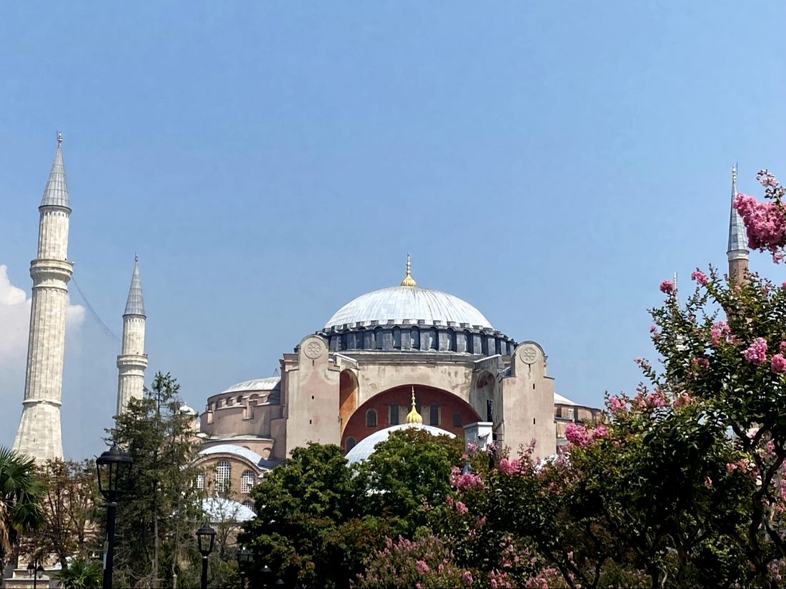Hagia Sophia rising behind pink spring blossom